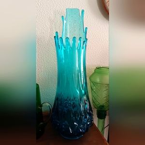 LE Smith Peacock Blue Diamond Butt 20" MCM Swung Glass Vase Excellent Condition